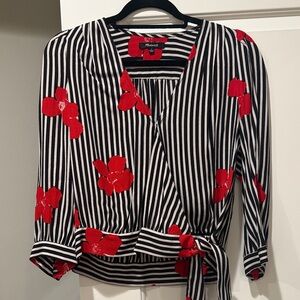 Madewell Black and White Striped Blouse with Red Floral Accents